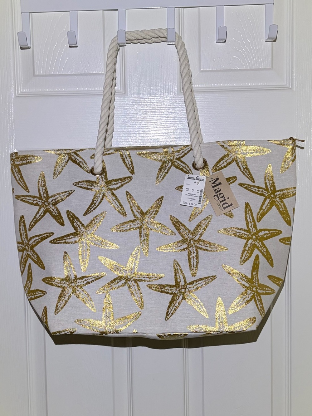 NWT Magid Tropical White & Gold Starfish Canvas XL Tote Bag With Rope Handles.